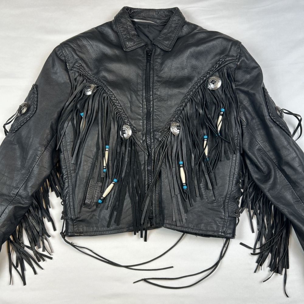 Moto Leather Jacket by Barney's Leather Women's Sz L Fringe Tassel Conch Beaded